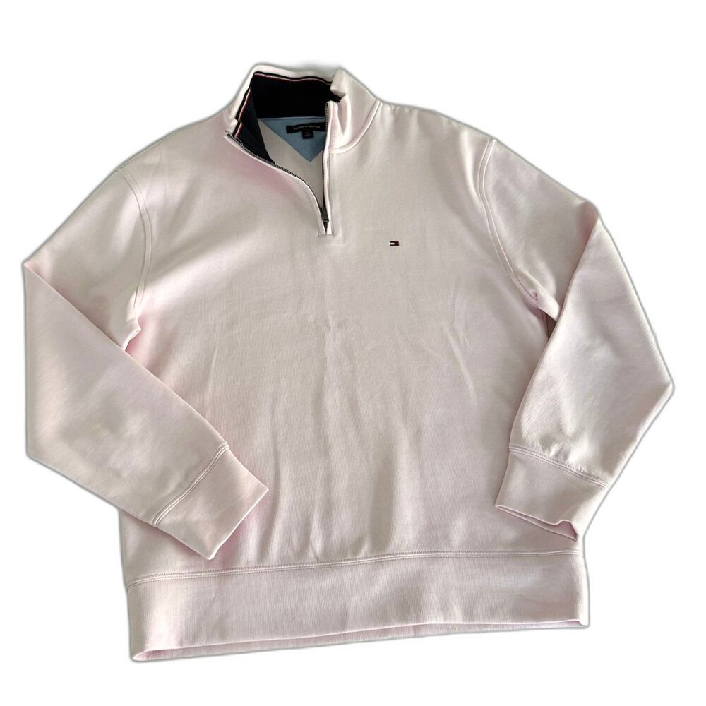 Tommy Hilfiger Mens Size Medium Light Pink 1/4 Zip Mockneck Sweatshirt Sweater